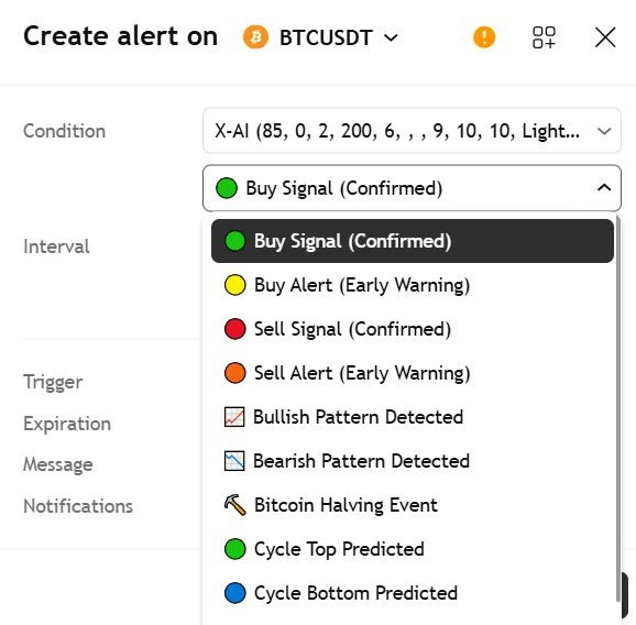 TradingView Create alert window showing X-AI script conditions